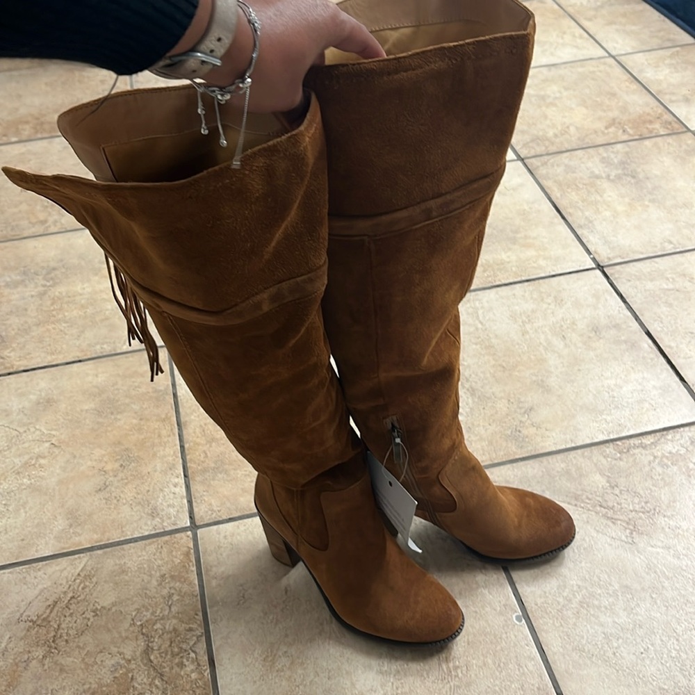 Tan/camel suede over the knee boots